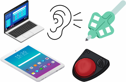 Various assistive technology devices including a chromebook, ipad, switch, pencil grip and symbol for someone who is deaf.