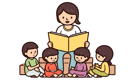 Teacher reading to a group of students.