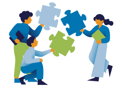 Three people holding puzzle pieces trying to put them together.